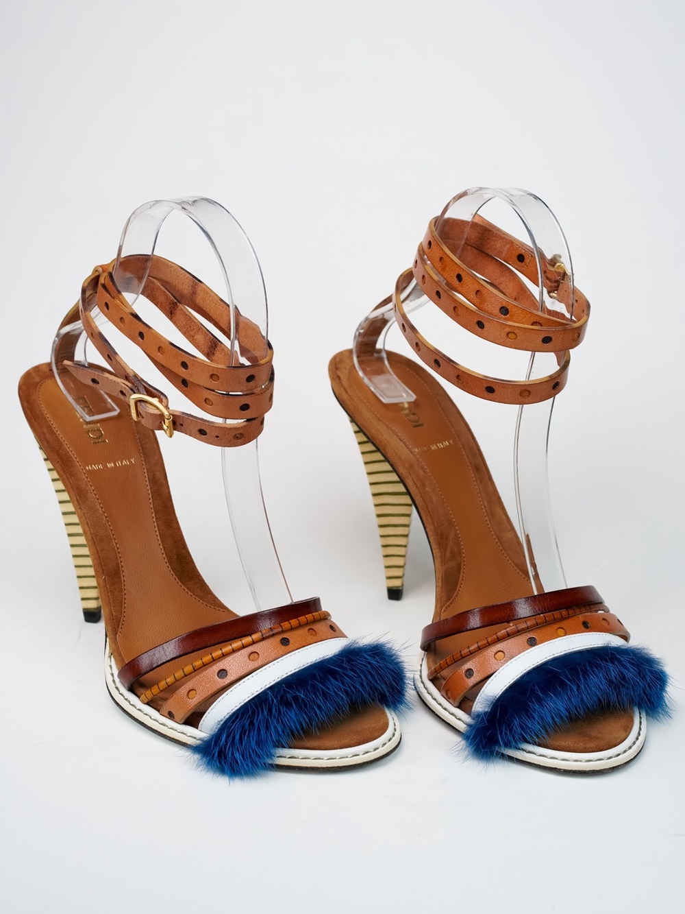 Fendi SS 2012 Runway Mink Fur Leather Ankle Wrap Heels Sandals 37.5 US 7.5